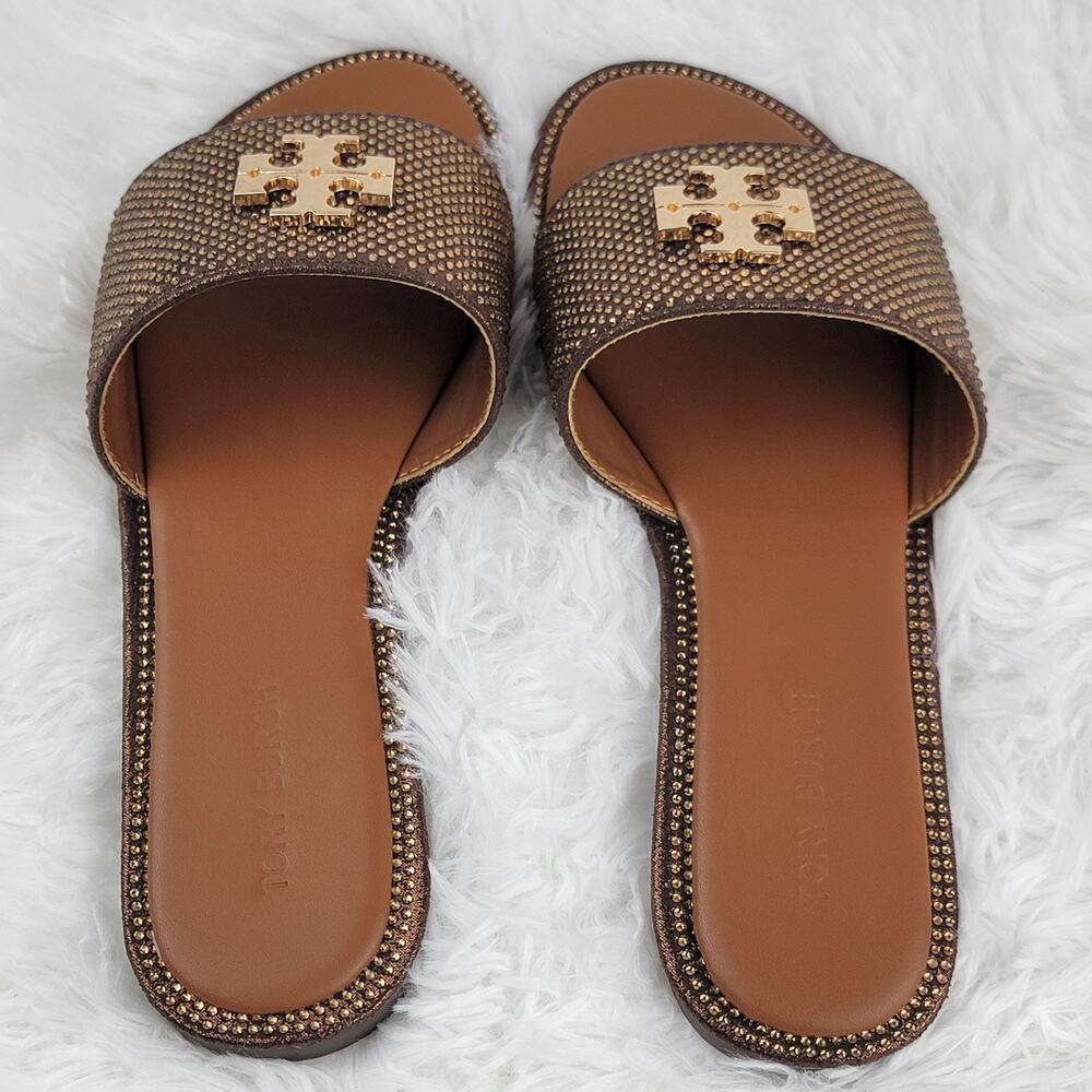 Designer Women Sz 8W 39 Sandals Brown Bling Crystals Gold Logo Tory Slides NIB